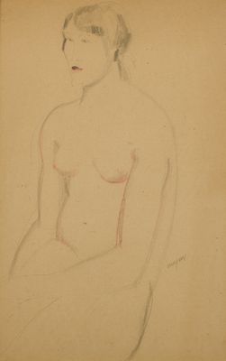 un vieux dessin représentant une femme assise, les mains posées sur les genoux