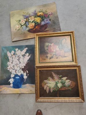four paintings of flowers in a vase and a vase of flowers on the floor