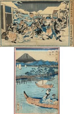 deux tableaux représentant des personnes dans des bateaux sur un plan d'eau, avec des montagnes en arrière-plan