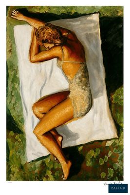 a painting of a woman in a bathing suit laying on a towel
