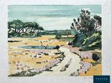 a watercolor painting of a man driving a car down a dirt road
