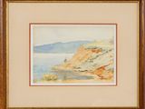 an image of a watercolor painting of a landscape with a boat on the water