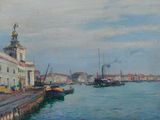 a painting of a harbor scene with boats in the water