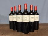 six bottles of red wine are lined up on a wooden table
