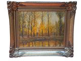 une peinture à l'huile représentant une scène forestière avec un lac et des arbres