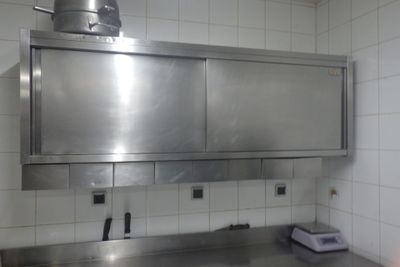 a stainless steel counter top in a commercial kitchen