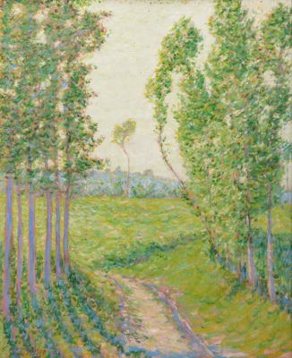 un tableau représentant un chemin à travers un champ, avec des arbres et de l'herbe