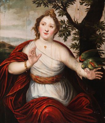 an image of a painting of a woman with a bird in her hand