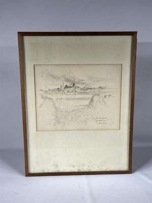 un vieux dessin représentant un bateau sur l'eau, dans un cadre en bois