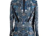 the back of a jacket with a blue and white floral pattern