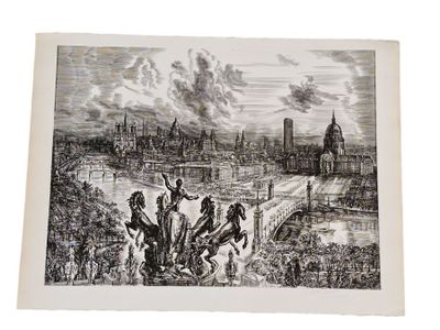 dessin représentant une vue de ville avec un pont et une calèche