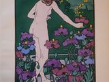 tableau représentant une femme dans un champ de fleurs violettes, avec un ciel jaune en arrière-plan
