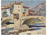 an oil painting of a bridge over a river with buildings in the background