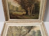 tableau représentant une scène fluviale, dans un cadre en bois, avec un cerf au loin