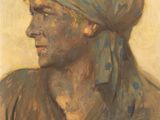 une peinture à l'huile représentant un homme portant un bandana sur la tête