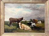 un tableau représentant des vaches dans un champ, avec le ciel en arrière-plan