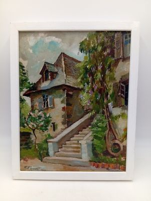 une peinture à l'huile représentant une maison à laquelle mènent des marches