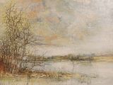 une image représentant un tableau d'un lac avec des arbres au premier plan