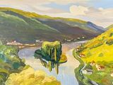 un tableau représentant une rivière qui traverse une vallée