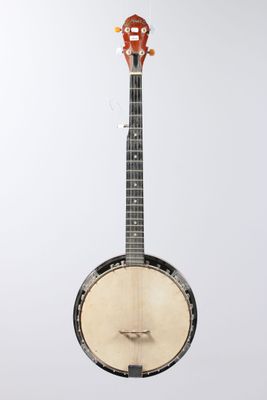 an old banjo with a wooden neck and a white background