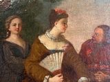 painting of a group of women sitting on a bench in a park