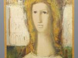 an oil painting of a woman with a yellow hat on a easel