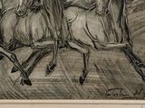 a drawing of three people riding horses in a line