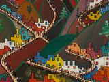 a picture of a painting of a city with a tree