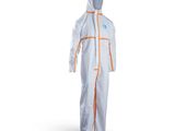 a person wearing a white and orange coverall with a hood