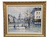 an oil painting of a city street scene with people walking in the rain