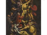 a painting of jesus on the cross being nailed to the cross by a group of people