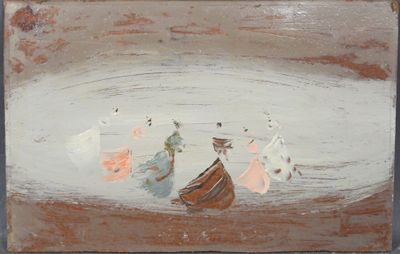 une peinture représentant un groupe de personnes dans un bateau sur l'eau