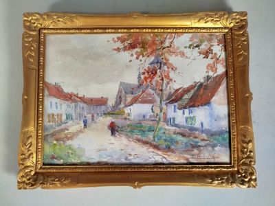 une image représentant un tableau d'un village où l'on voit une personne marcher dans la rue