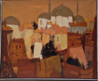 une peinture à l'huile représentant une vue d'une ville avec une tour horloge au loin