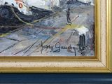 a painting of a man pulling a train on a track