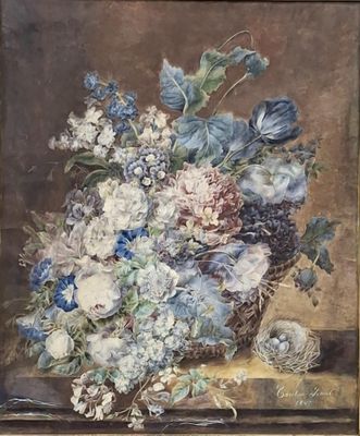 an image of a painting of flowers in a basket on a table