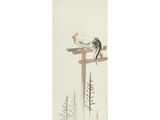 a painting of a rooster sitting on top of a wooden post