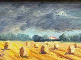 tableau représentant un champ avec des balles de foin et un oiseau volant dans le ciel