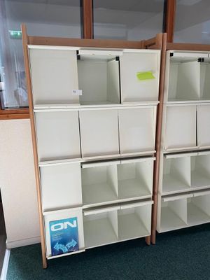 two bookshelves in the corner of a room with a green carpet