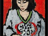 painting of a woman sitting at a table with playing cards in front of her