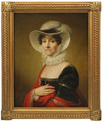 un tableau représentant une femme portant un chapeau blanc et une robe rouge