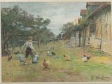 painting of a boy feeding chickens on a farm in a village
