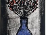 peinture représentant un vase bleu contenant des fleurs sur fond blanc