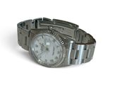a silver watch with a white dial on a silver bracelet