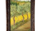 une peinture à l'huile représentant un chemin traversant un champ de fleurs jaunes