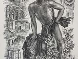 drawing of a man holding a barrel of wine in front of a city