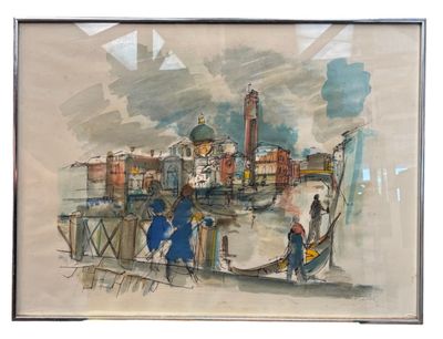 a watercolor painting of a gondola with people on it