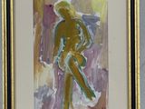 framed painting of a nude woman in a yellow dress sitting on a chair