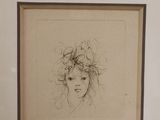drawing of a woman ' s face with flowers in her hair