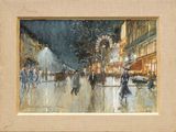tableau représentant une rue de la ville la nuit, avec des passants marchant sous la pluie